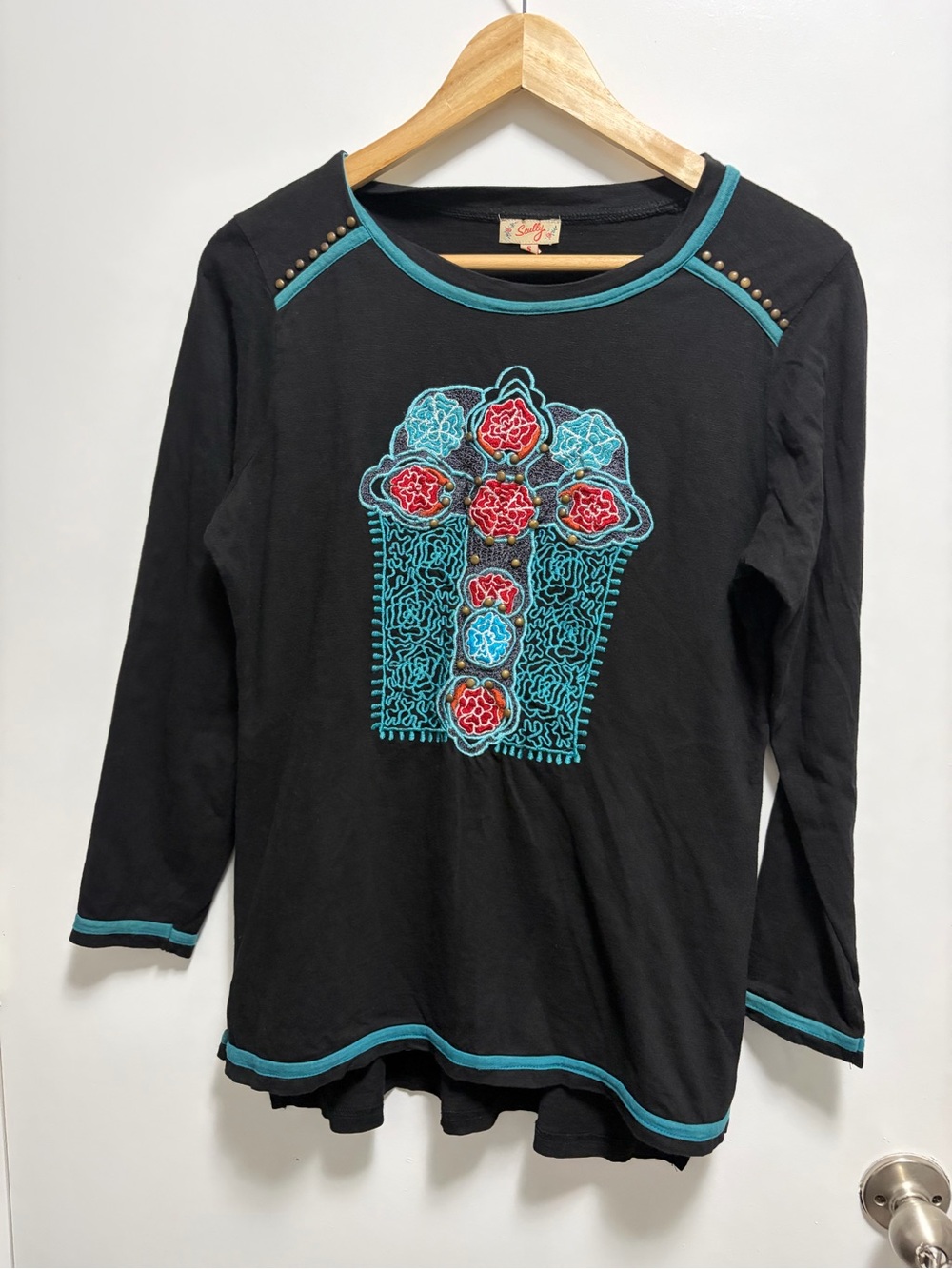 Scully Womens Black Floral Embroidered Studded Western Long Sleeve Size Small